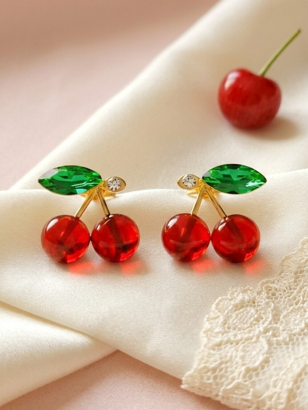Red Cherry Acrylic Stud Earrings Gold Tone 925 Silver Post Coquette Coconut Girl